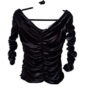 Suzy Black Velvet Off Shoulder Ruched Top S/M Stretch